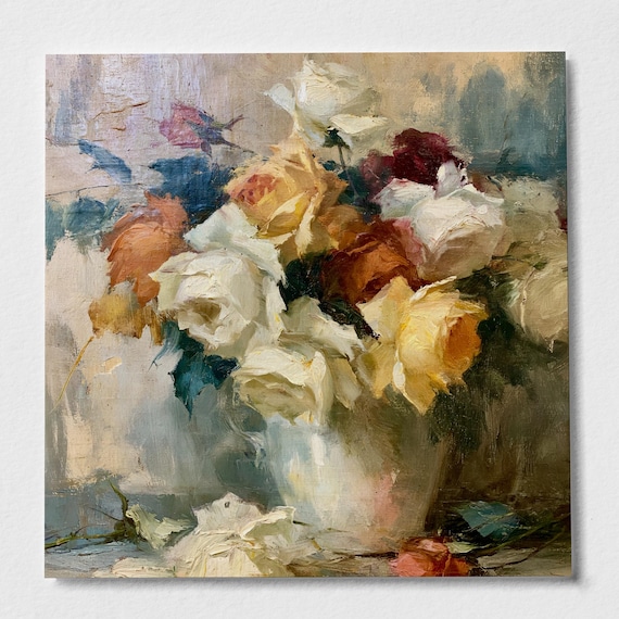 Roses Impressionist Warm Tones Living Room Wall Art | Vintage Style Home Decor