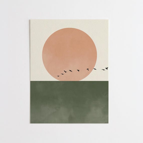 Sunrise with Flock of Birds Japandi Zen Minimalist Landscape Art | Warm Tones Calming Print for Living Room Decor