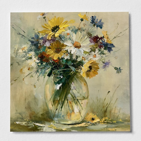 Wildflowers Impressionist Yellow Art Living Room Wall Art | Warm Tones Vinatge Print