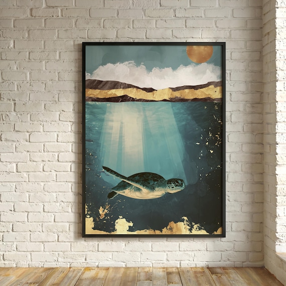 Turtle Ocean Teal Abstract Living Room Art | Sea Turtle Art Tones and Gold Accents Wall Decor