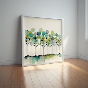 Dipinto ad acquerello astratto di fiori di campo con prato fiorito, stampe artistiche botaniche colorate, arte floreale astratta con tecnica mista, grande dipinto