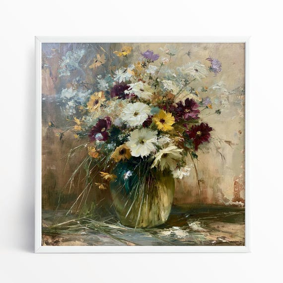 Wildflowers Impressionist Neutral Tones Vintage Floral Print | Living Room Wall Art and Home Decor