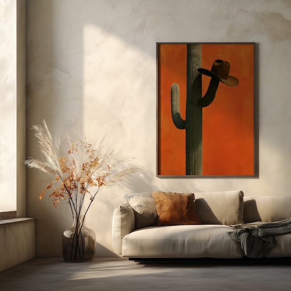 Western Cowboy Hat Cactus Abstract Orange Living Room Wall Art | Cow Boy Home Decor Print