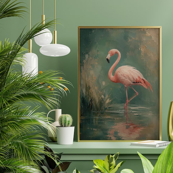 Pink Flamingo Impressionist Elegant Art Deco Flamingo Wildlife Pink Art | Living Room Wall Art