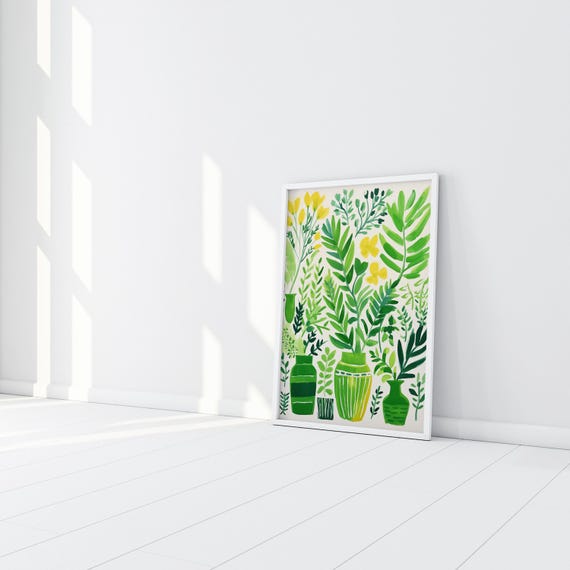 Flowers Pots Abstract Green Art Living Room Decor | Mediterranean Modern Wall Art with Yellow Accents