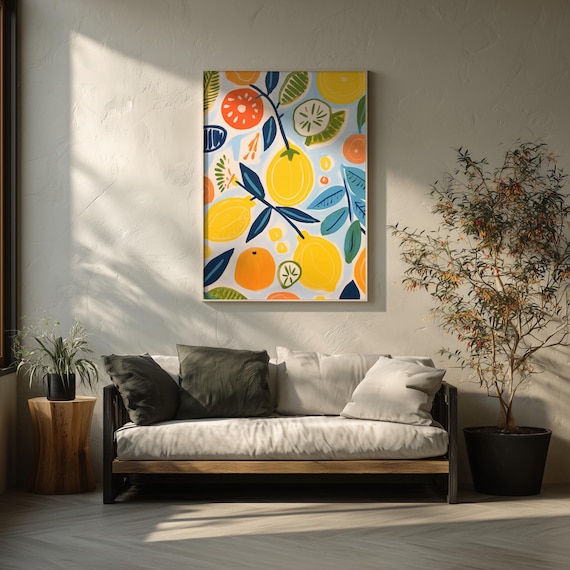 Lemons and Oranges Abstract Bright Citrus art, pen for Mediterranean Living Room Art | Modern Fruits Wall Decor