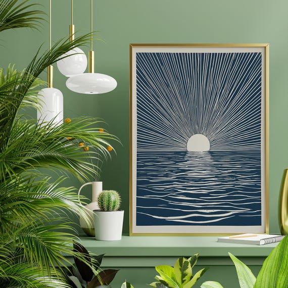 Sunrise Ocean Minimalist Blue Art for Living Room Japandi Sun Calming Bedroom Decor of Sunset