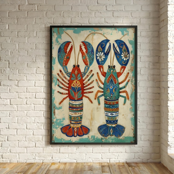 Rustic Lobsters Pattern with Blue Accents Kitchen Wall Art | Vibrant Culinary Wall Art