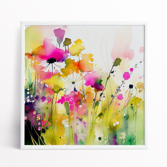 Colourful Flower Watercolour Print Abstract Flower Meadow - Wildflower Painting Colourful Floral Wall Art
