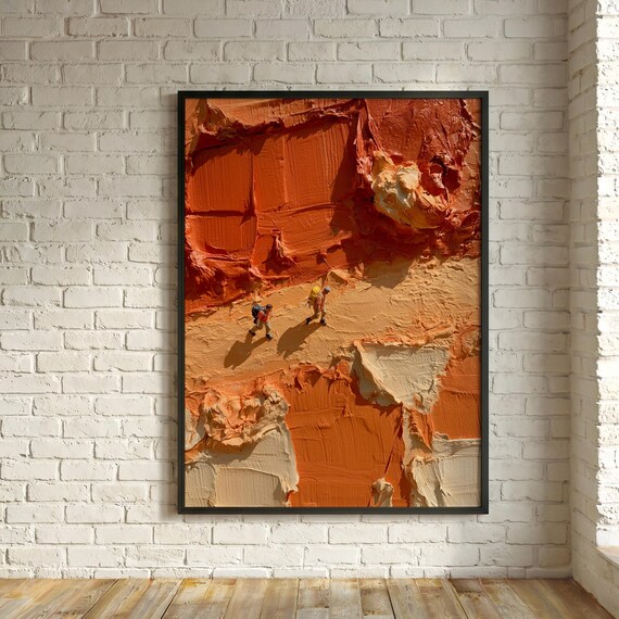 Desert Hikers Impasto Print, Hikers Ochre Rock, Miniature People Aerial View, Modern Canyon Decor Werner Bronkhorst Style