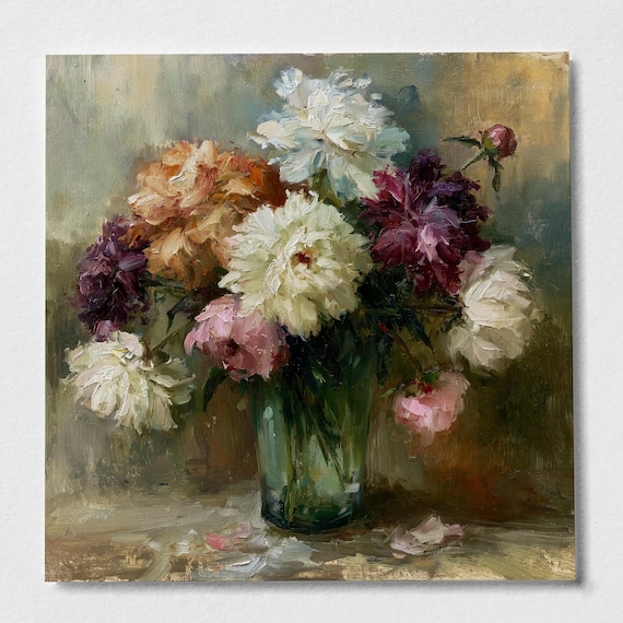 Peonies in a Vase Impressionist Warm Tones Living Room Wall Art | Elegant Floral Home Decor