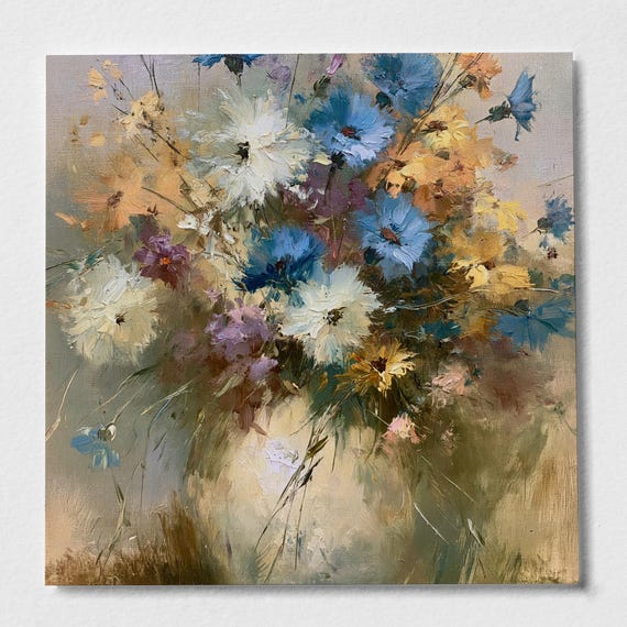 Wildflowers Impressionist Blue Art Living Room Wall Art | Warm Tones Vintage Print