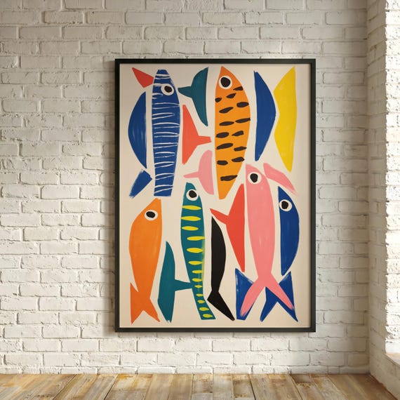 Mediterranean Abstract Sardine Fish Colourful Kitchen Art | Modern Nautical Canvas Print