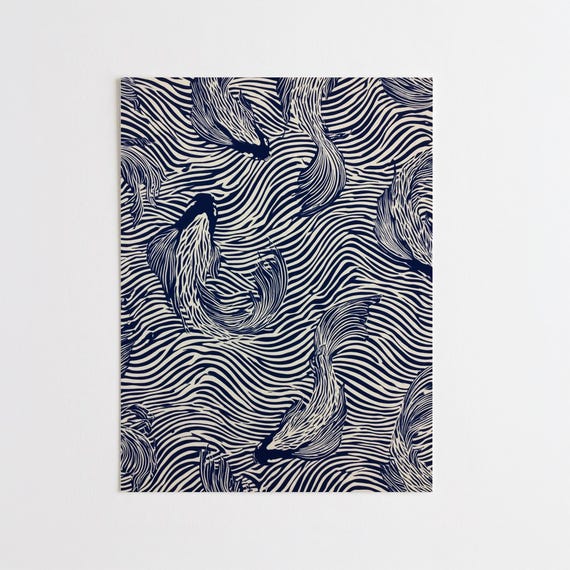 Japanese Koi Fish Block Print in Blue Tones | Traditional Japanese Minimalist Ukiyoe Inspired Wall Art