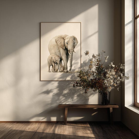 Mama and Baby Elephant Print, Elephant Mama Baby, Neutral Safari Nursery Wall Art, Watercolour Elephant Decor, Baby Shower Gift