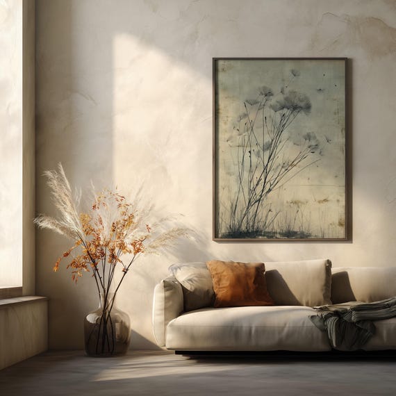 Minimalist Dandelions Nature BlackWhite Calm Tones Living Room Wall Art | Peaceful Home Decor