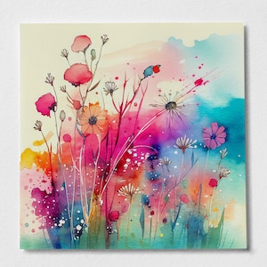 Dipinto astratto di prato di fiori selvatici, stampe botaniche colorate e vivaci - Dipinto astratto di fiori con tecnica mista, grande dipinto, arte murale floreale