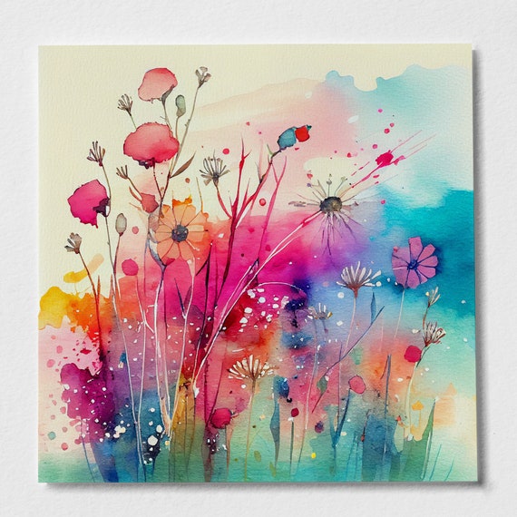 Abstract Wildflower Meadow Painting Colourful Vibrant Botanical Prints - Abstract Mixed Media Flower Painting Large Painting Floral Wall Art