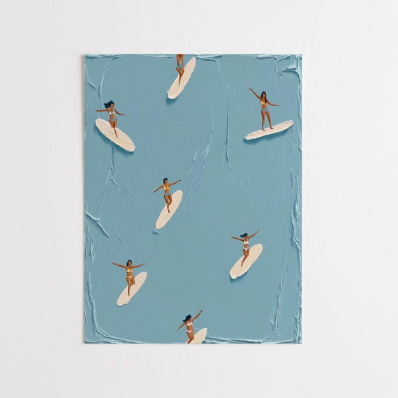 Bronkhorst Inspired Impasto Surfing Print | Blue Ocean Wall Art Giclee Print