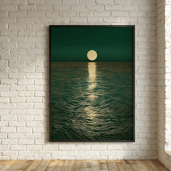 Moonbeams Sea Japanese Minimalist Living Room Art | Ocean Scene traditional Japanese Black Print Wall Decor