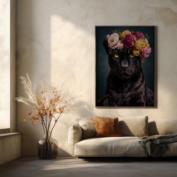 Pantha Regal Portrait Floral Black Tones Living Room Wall Art | Abstract Surreal Print Leopard