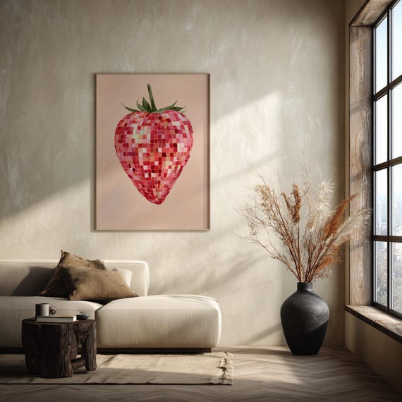 Strawberry Disco Ball Abstract Pink Tones Living Room Wall Art Modern Fruit Kitchen Poster Home Decor