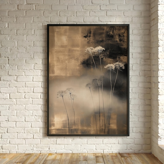 Botanical Japandi Minimalist Neutral Living Room Wall Art Zen Gold Accents Japanese Style Print