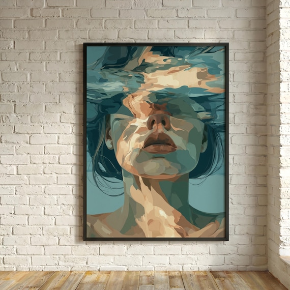 Woman Underwater Watercolour Portrait in Blue Tones | Modern Bedroom Decor Wall Art
