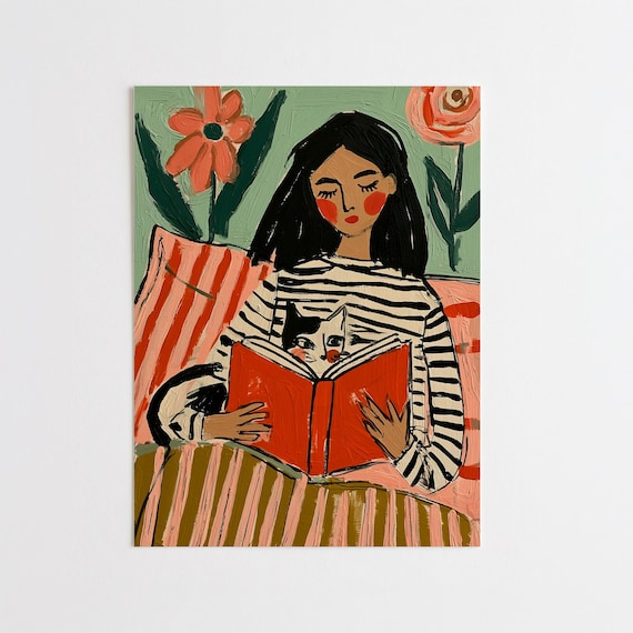 Woman Reading to Cat Abstract Modern Impressionist Portrait Living Room Art | Striped Decor Print