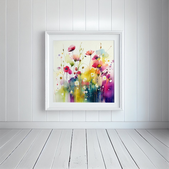 Wildflower Meadow Painting Abstract Colourful Poppies and Daisies Botanical Art Prints, Wild flower Art, Colourful Wall Art