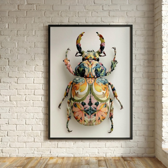 William Morris Style Colourful Beetle Abstract Living Room Wall Art | Boho Nature-Inspired Home Decor