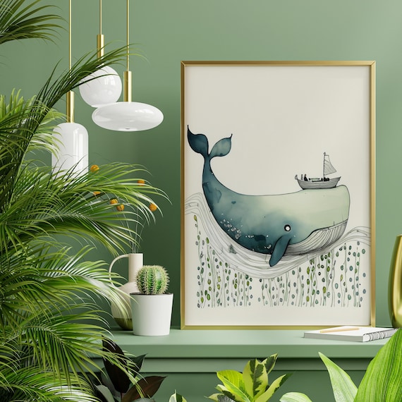 Whale Boat Nursery Abstract Ink Illustration Blue Green Nursery Decor | Playful Sea Life Wall Art