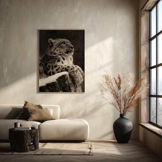 Snow Leopard Print, Snow Leopard Portrait Charcoal Drawing Wall Art, Monochrome Big Cat Art, Black and White Wildlife Decor