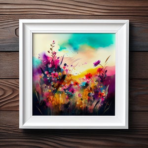 Dipinto astratto di prato di fiori selvatici, stampe artistiche botaniche colorate, arte floreale astratta con tecnica mista, dipinto extra large, arte murale