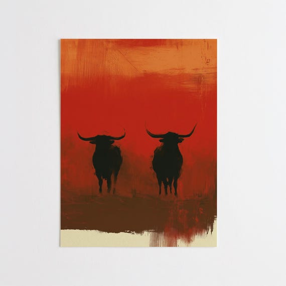 Spanish Bulls Abstract Warm Tones Living Room Wall Art | Modern Art Print