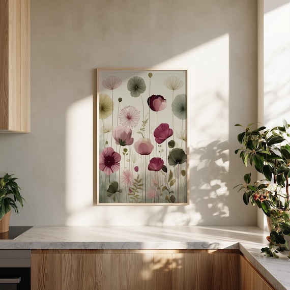 Botanical Flowers Zen Minimalist Pink Tones Living Room Art | Modern Floral Canvas Print