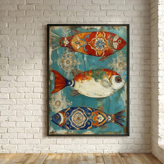 Rustic Fish Abstract Bold Colours Kitchen Wall Art | Turquoise Oceanic Home Decor