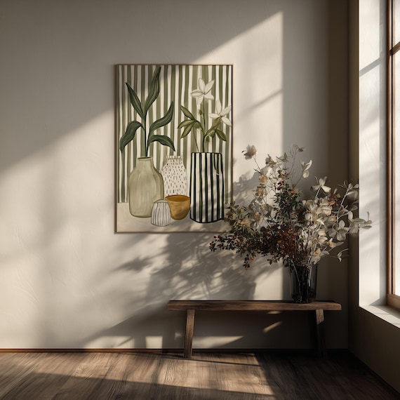 Mediterran Plant Pots Abstract Neutral Living Room Art | Botanical Minimalist Wall Decor