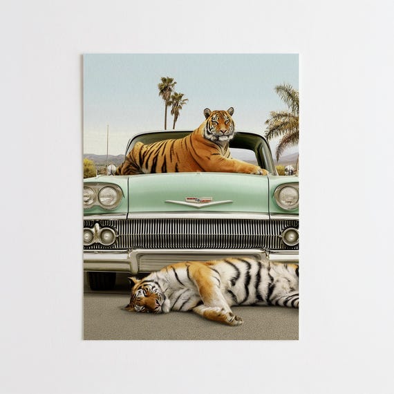 Tigers Car Surreal Vintage Warm Living Room Wall Art Unique Quirky Print Surrealism