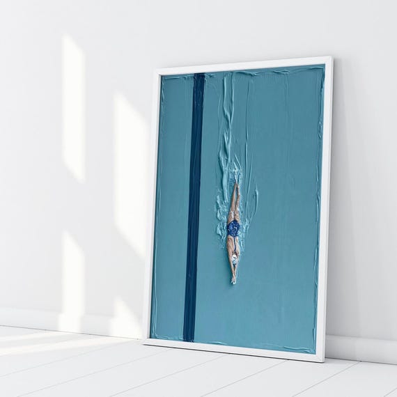 Poolside Swimmer Abstract Blue Art Living Room Wall Art | Modern Home Decor