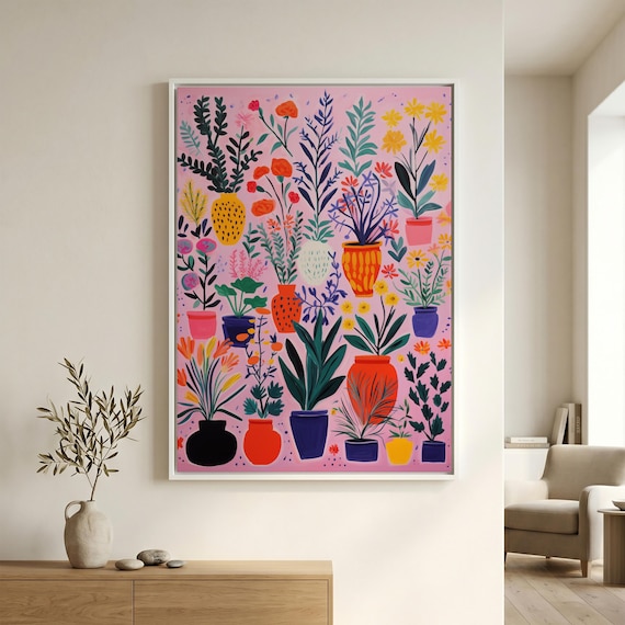 Mediterranean Flower Pots Minimalist Colourful Bedroom Decor Wall Art | Pink Home Decor