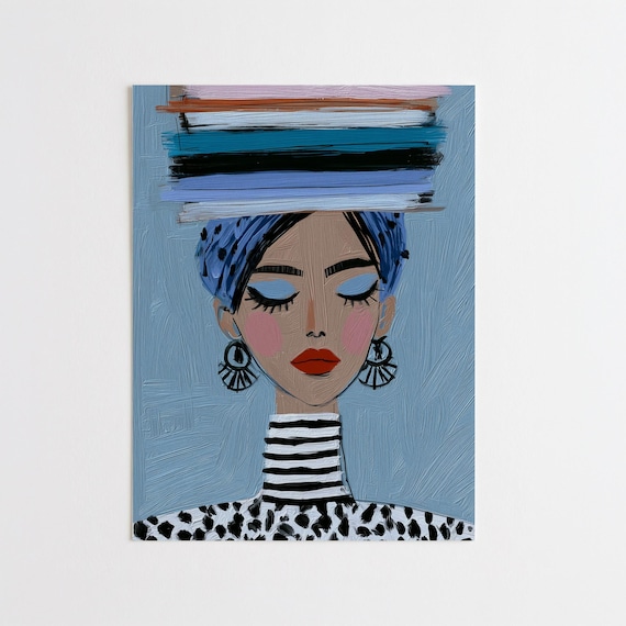 26826 Woman Head Books Reading Modern Portrait Art | Blue Tones Office Wall Art, Stylish Decor