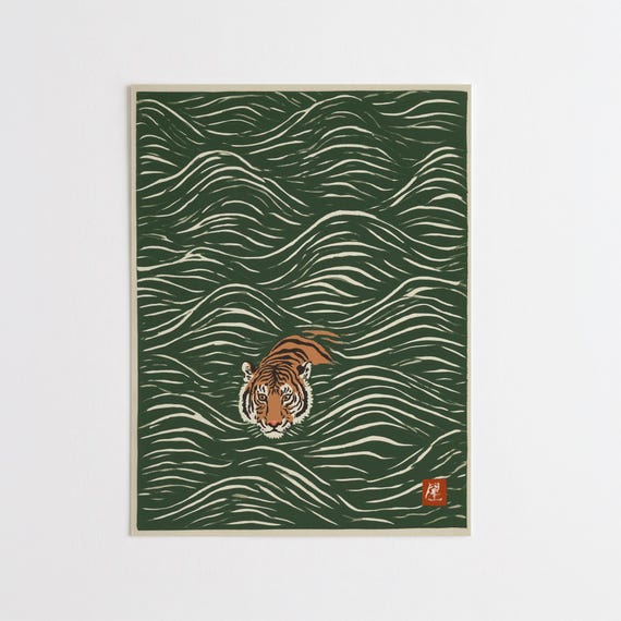 Japanese Tiger Minimalist Green Living Room Wall Art | Japandi Modern Calm Home Decor