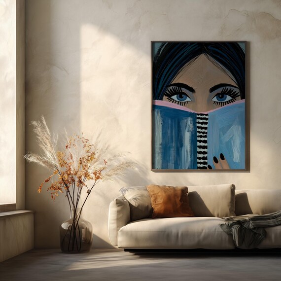 Woman Reading Book Modern Blue Art | Living Room Wall Art | Bold Modern Expressionist Portrait Home Decor