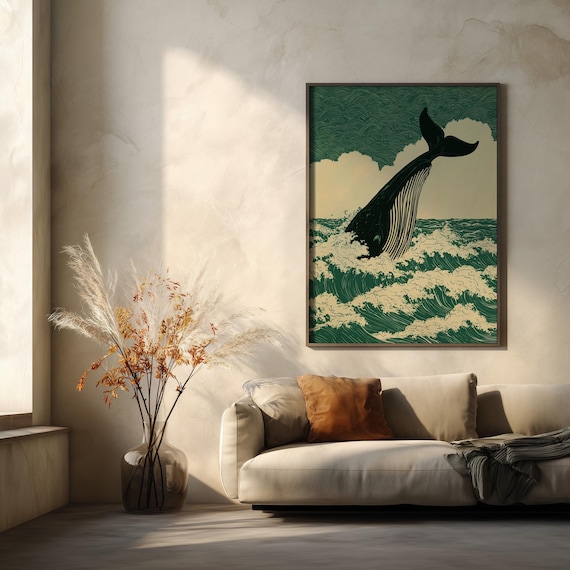 Japanese Whale Sea Block Print Minimalist Blue Living Room Wall Art | Traditional Japan Ocean Home Decor