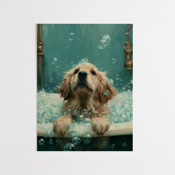 Golden Retriever Puppy Dog in Bubble Bath Impressionist Blue Tones Bathroom Painting | Pet Lover Gift