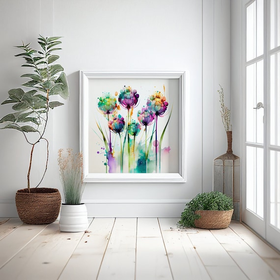 Watercolour Flower Painting of Alliums, Colourful Botanical Art Prints and Canvas, Wild Flower Bunch of Alliums