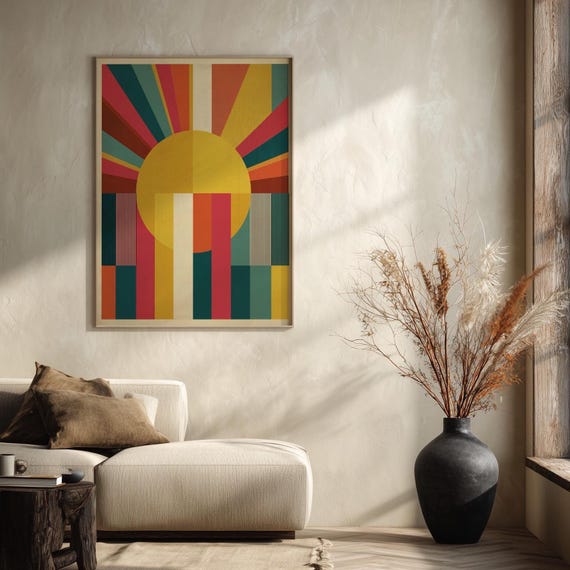 Bauhaus Sun Mid Century Geometric Abstract Living Room Wall Art | Warm Minimalist Home Decor