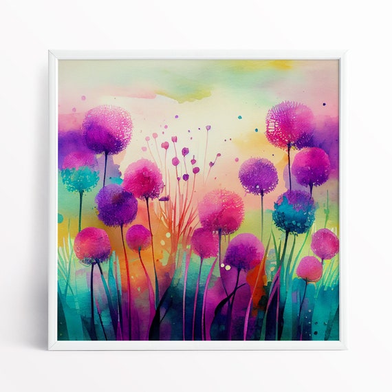 Allium Flower Painting Colourful Botanical Art Prints, Wild Flowers - Bunch of Alliums Cottage Garden Purple Flowers