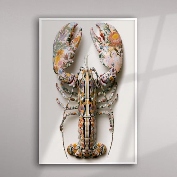 William Morris Lobster Kitchen Art | Colourful Abstract Vintage Floral Pattern Wall Art